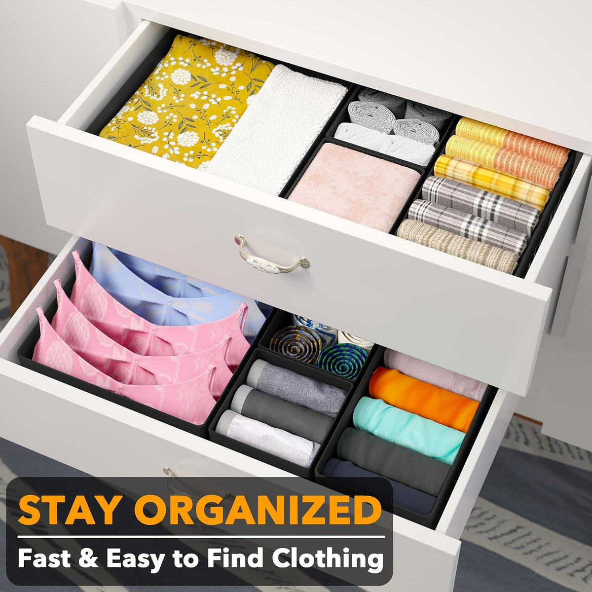 SpaceAid Drawer Organizer Clothes, 11 Pack Dresser Organizer Bins for Nursery, Closet Organization and Storage Dividers for Clothing, Baby Clothes, Underwears, Socks (Black)
