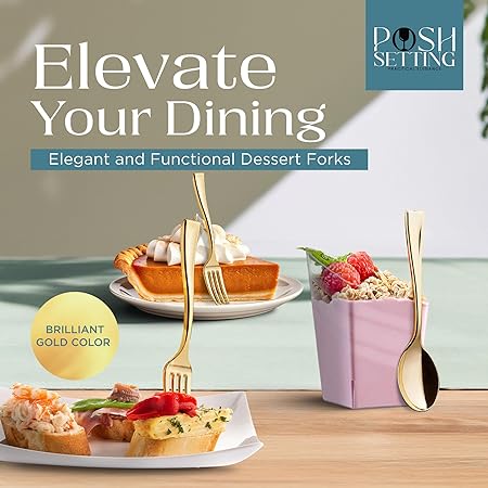 Posh Setting - Plastic Mini Forks, Gold Mini Forks, Gold Plastic Mini Dessert Forks, Disposable Tiny Gold Forks, 4 inch Gold Plastic Forks, Taster Forks, Small Forks, Appetizer Forks (36 Pack)