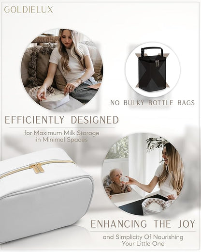 Breast Milk Cooler Travel Bag - Waterproof Breastmilk Storage Bag Cooler w/Ice Pack, Checkerboard Interior, Leather Strap, & More - Versatile Insulated Cooler Bag - Ideal Baby Travel Essentials