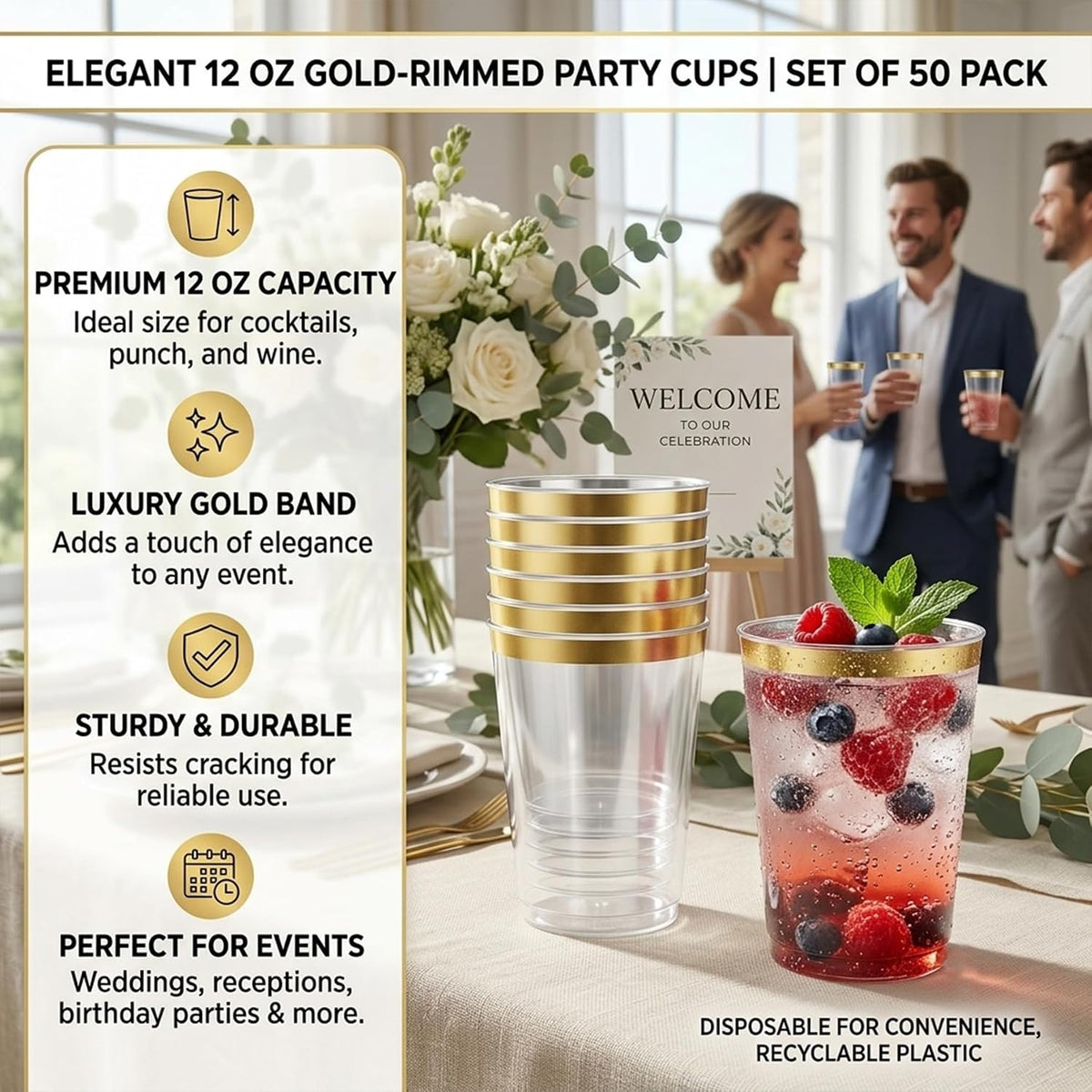 Byvivace 12oz Clear Plastic Cups with Gold Rimmed Sturdy & Food Safe Disposable Wine Glasses Wedding Cups Party Cups Plastic Cocktail Glasses for Wine, Juice, Cocktails and Cold Beverages [25 Pack]