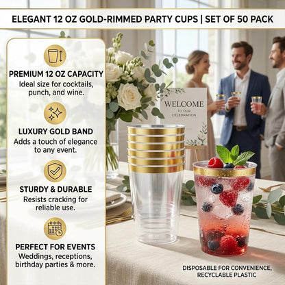 Byvivace 12oz Clear Plastic Cups with Gold Rimmed Sturdy & Food Safe Disposable Wine Glasses Wedding Cups Party Cups Plastic Cocktail Glasses for Wine, Juice, Cocktails and Cold Beverages [25 Pack]