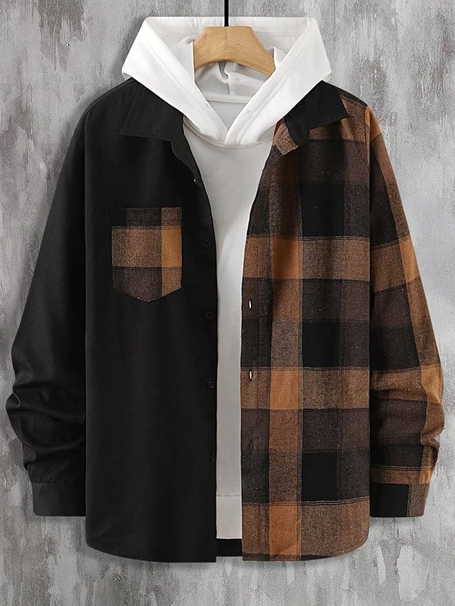 OYOANGLE Men's Colorblock Plaid Print Button Down Long Sleeve Pocket Collared Shirts Top