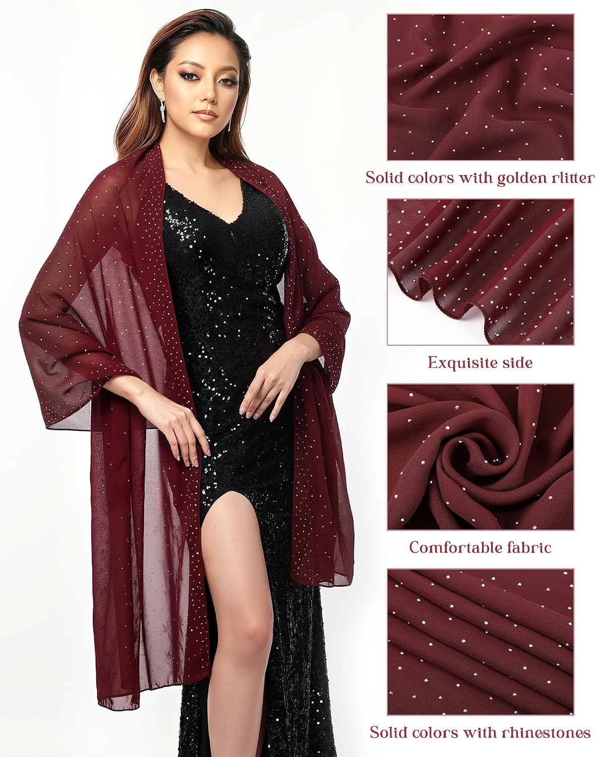 Hercicy 1 Pcs Womens Rhinestones Shawls Evening Dresses Wraps Sheer Chiffon Elegant Soft Silky Sparkly Wedding Bridal Scarf