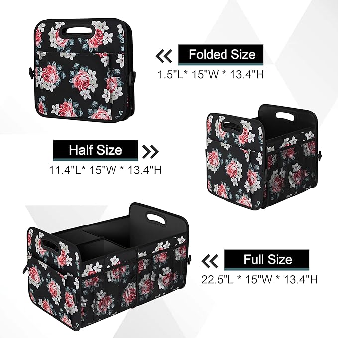 Femuar Car Trunk Organizer,Car Storage Organizer with 72L Large Capacity Waterproof Collapsible and 11 Pockets,Trunk Organizer for Car SuvJeepSedan, Large Size, Flower