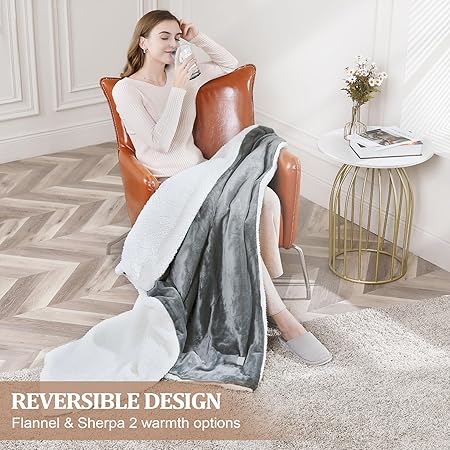 CAROMIO Heated Blanket Electric Throw 50" x 60", Soft Thickened Flannel to Sherpa Fast Heating Blanket with 5 Heat Levels  4 Hours Auto Off, ETL Certified Electric Blankets for Adults, Grey