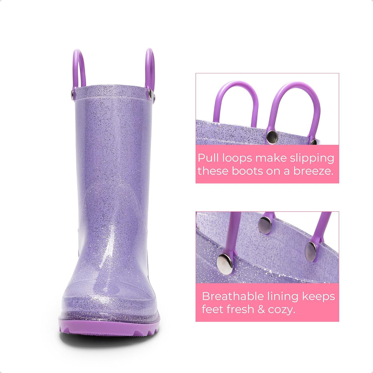 DREAM PAIRS Kids Glitter Rain Boots | Waterproof,Easy-on handles,Lightweight,Non-Slip sole,Rain puddle outdoor play,Girls Boys Toddler