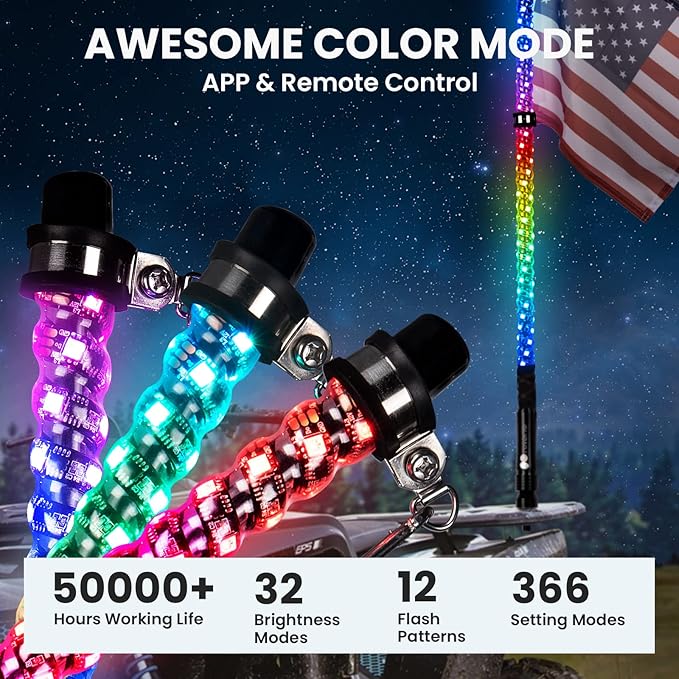 2PCS 4FT Led Whip Light with 4 Flags Weatherproof 360 Spiral Led Chase Light Bluetooth and Remote Control Lighted Antenna Whip for ATV, UTV, RZR, Buggy Dune(4FT 2PCS)
