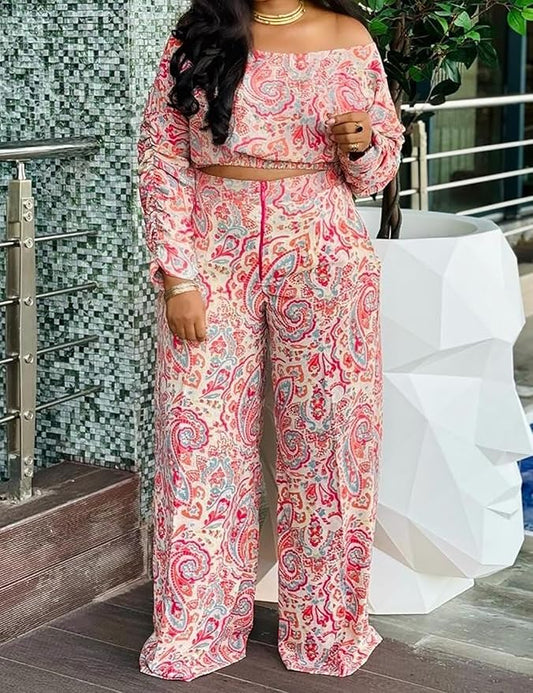 Yuopeid Women's Floral 2 Piece Outfit Loose Off Shoulder Long Sleeve Ruched Top and Elastic Wide Leg Pant with Pockets