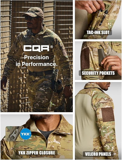 CQR Men's Combat Shirt Tactical 1/4 Zip Long Sleeve Military BDU Shirts Camo EDC Top with Pockets