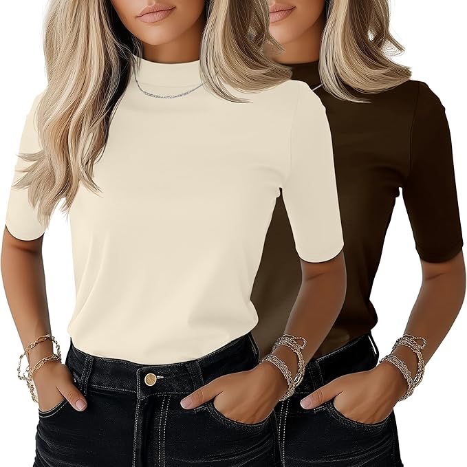 Ficerd 2 Pack Women's Mock Turtleneck T Shirts, Half Sleeve Business Casual Tunic Tops Slim Fit Summer Basic Dressy Tee Shirt