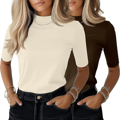 Ficerd 2 Pack Women's Mock Turtleneck T Shirts, Half Sleeve Business Casual Tunic Tops Slim Fit Summer Basic Dressy Tee Shirt