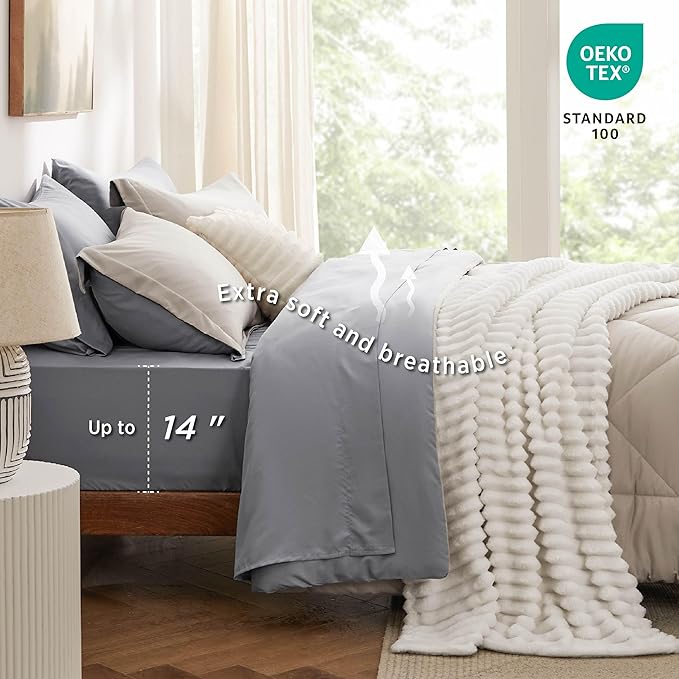 Bedsure King Size Comforter Set - 7 Pieces Reversible Beige Bedding, King Size Bed Set for All Seasons, Bed in a Bag with Down Alternative Comforter, Sheets, Pillowcases  Shams