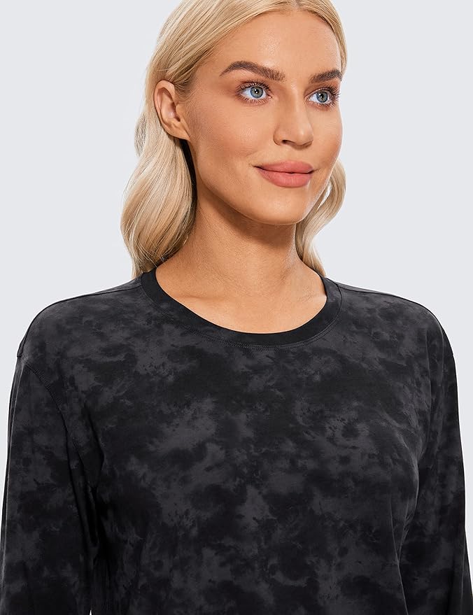 CRZYOGA Pima Cotton Long Sleeve Shirts for Women Loose Workout Crop Tops Athletic Gym Cropped Basic T-Shirts