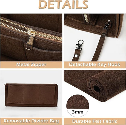 Surblue Purse Organizer Insert for Handbags, Felt Bag Organizer, Tote Bag Organizer, Tote Shaper Insert With Zippers, Thicken and Portable Handbag in Bag for Speedy Neverfull PM MM, (Brown, S)
