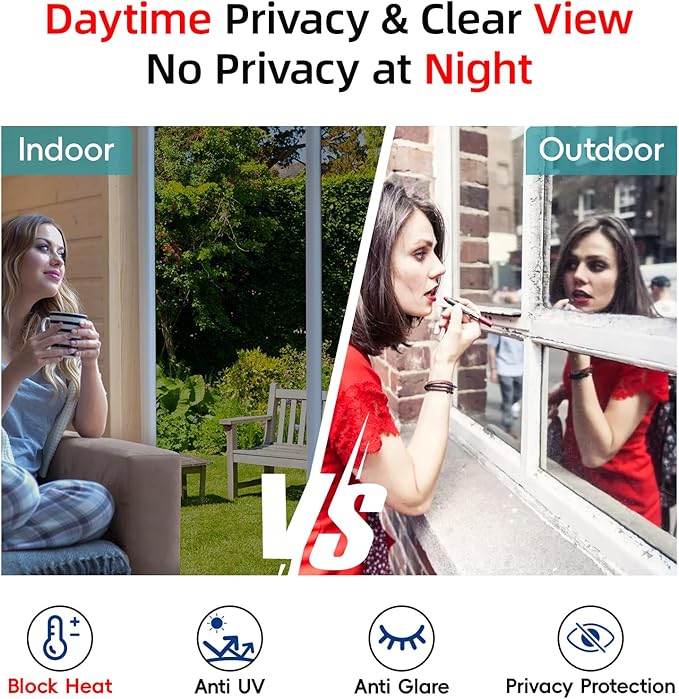 One Way Privacy Window Film Sun Blocking, Heat Blocking Window Tint for Home See Out But Not in, Static Cling  Anti UV, Black-Silver,23.6 Inch x 78.74 Inch