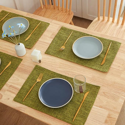 Cloth Placemats Set of 6, Linen Style Thick Dining Table Mats, Heat Resistant and Easy to Clean Placemats for Kitchen Dining Table, Green