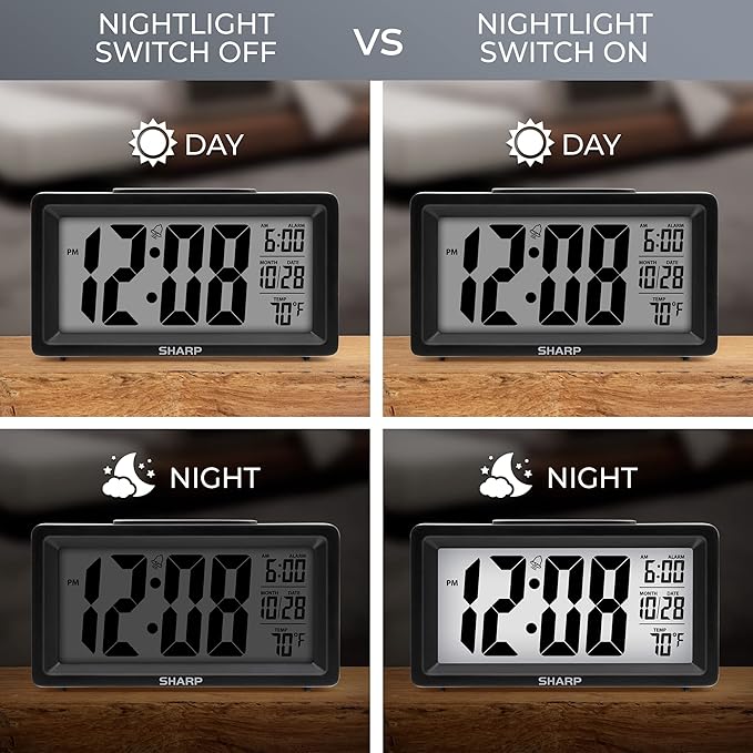 Sharp Alarm Clock with Indoor Temperature, Nightlight, Calendar, Battery Operated Digital Small Clock for Bedrooms or Travel, Black