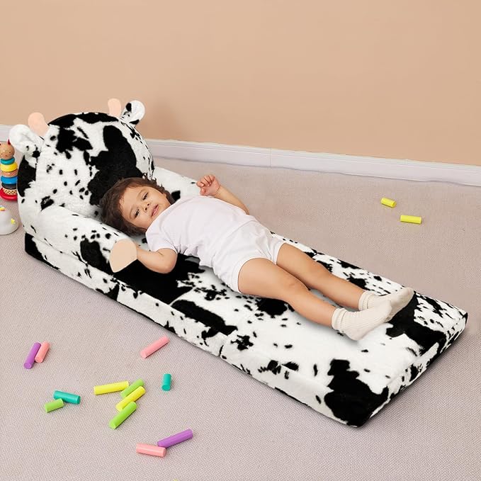Toddler Chair Plush with Removable Cover, 2-in-1 Toddler Couch Fold Out, Cow Shell, Comfy Couch for Kids Over 18 Months, Kids Furniture for Bedroom, Playroom?Cow?
