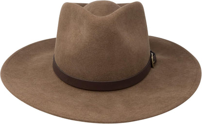 B&S Premium Lewis - Wide Brim Fedora Hat - 100% Wool Felt - Water Resistant - Leather Band