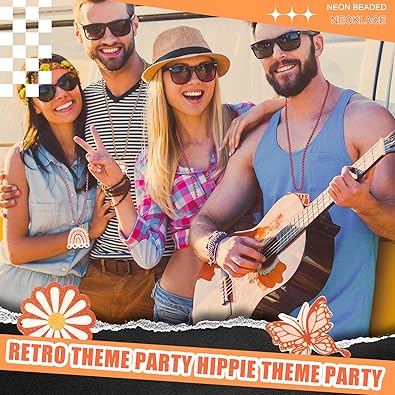 48 Pcs Groovy Beaded Necklaces Metallic Retro Hippie Boho Party Necklaces Bulk Daisy Rainbow Peace Retro Party Favors for Women Groovy Birthday Party Supplies, 12 Styles