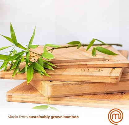 MasterChef Cutting Boards for Kitchen, Bamboo Chopping Board Set of 3, Organic Food Safe Surfaces for Preparing & Serving Meat, Cheese etc, Large, Medium & Small Wooden Boards with Color Coded Logos