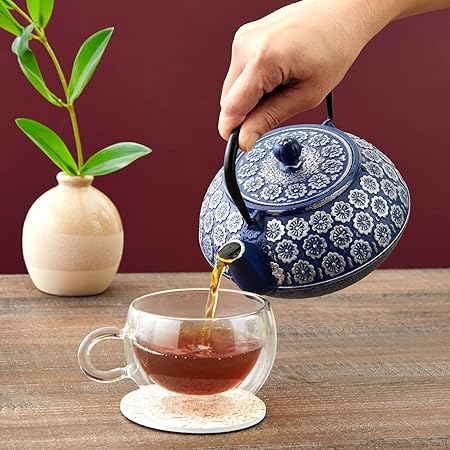 Japanese Cast Iron Teapot with Infuser for Loose Leaf and Tea Bags, Kettle Includes Handle and Removable Lid (Blue, 34oz)