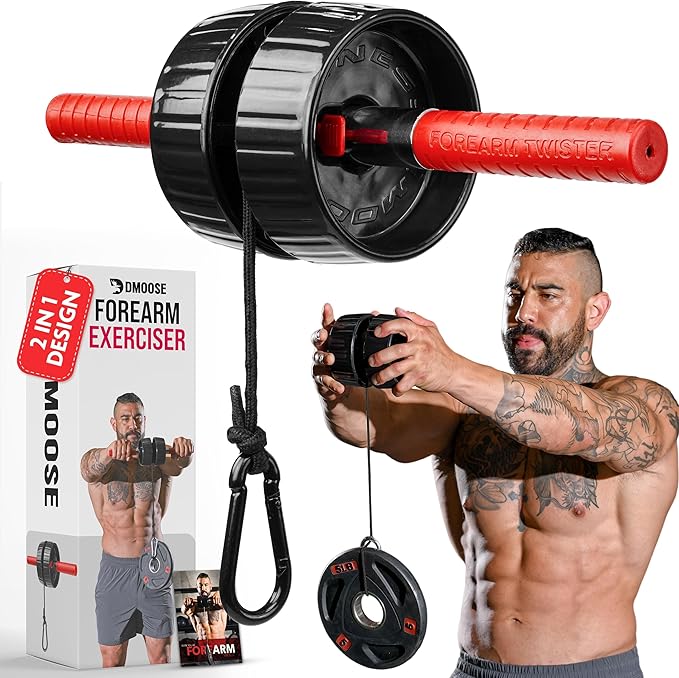 DMoose Fitness Forearm Strengthener  Wrist Roller - 2 in 1 Arm Exerciser with Non-Slip Premium Grip, Durable Nylon Rope - Helps with Elbow Tendonitis, Wrist Recovery  Strength Training (Patented)