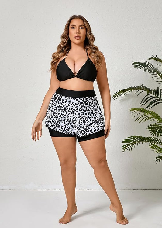 Halcurt Women's Plus Size High Waisted Swim Board Short with Boxer Liner Quick Dry Swimsuit Bottoms