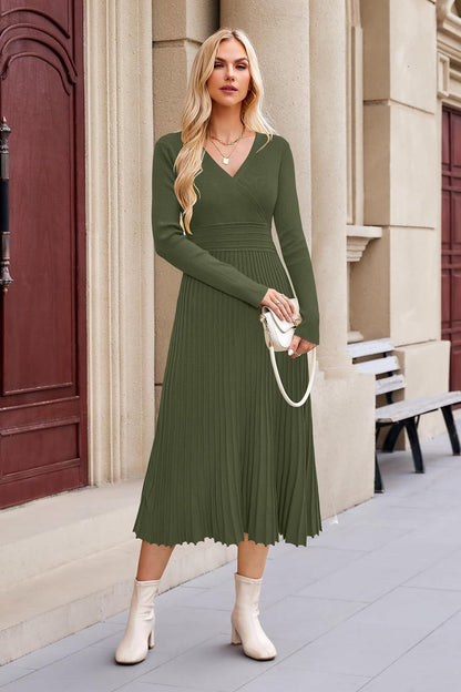 OUGES Women's Fall Maternity Dress for Photoshoot Long Sleeve Wrap V Neck Pleated Baby Shower Sweater Midi Dresses 2026.