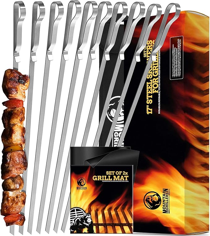 MOUNTAIN GRILLERS 17” Stainless Steel BBQ Grilling Kabob Skewers with Non Stick BBQ Grill Mat - Pack