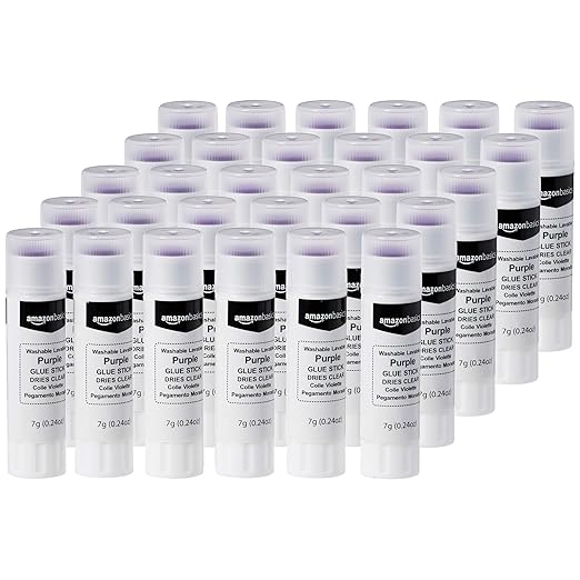 Basics Purple Washable School Glue Sticks, Dries Clear, 0.24-oz Stick, 30-Pack