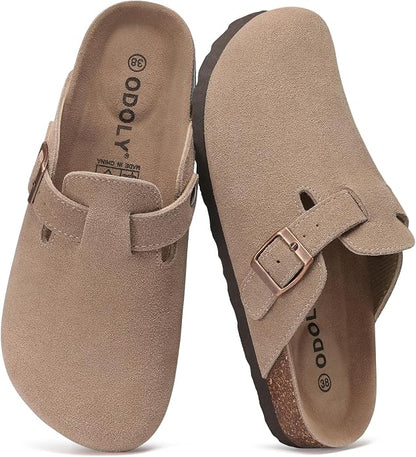 These genuine suede clogs from ODOLY feature a soft cork footbed, arch support, and an adjustable buckle for all-day comfort and a fashionable look.