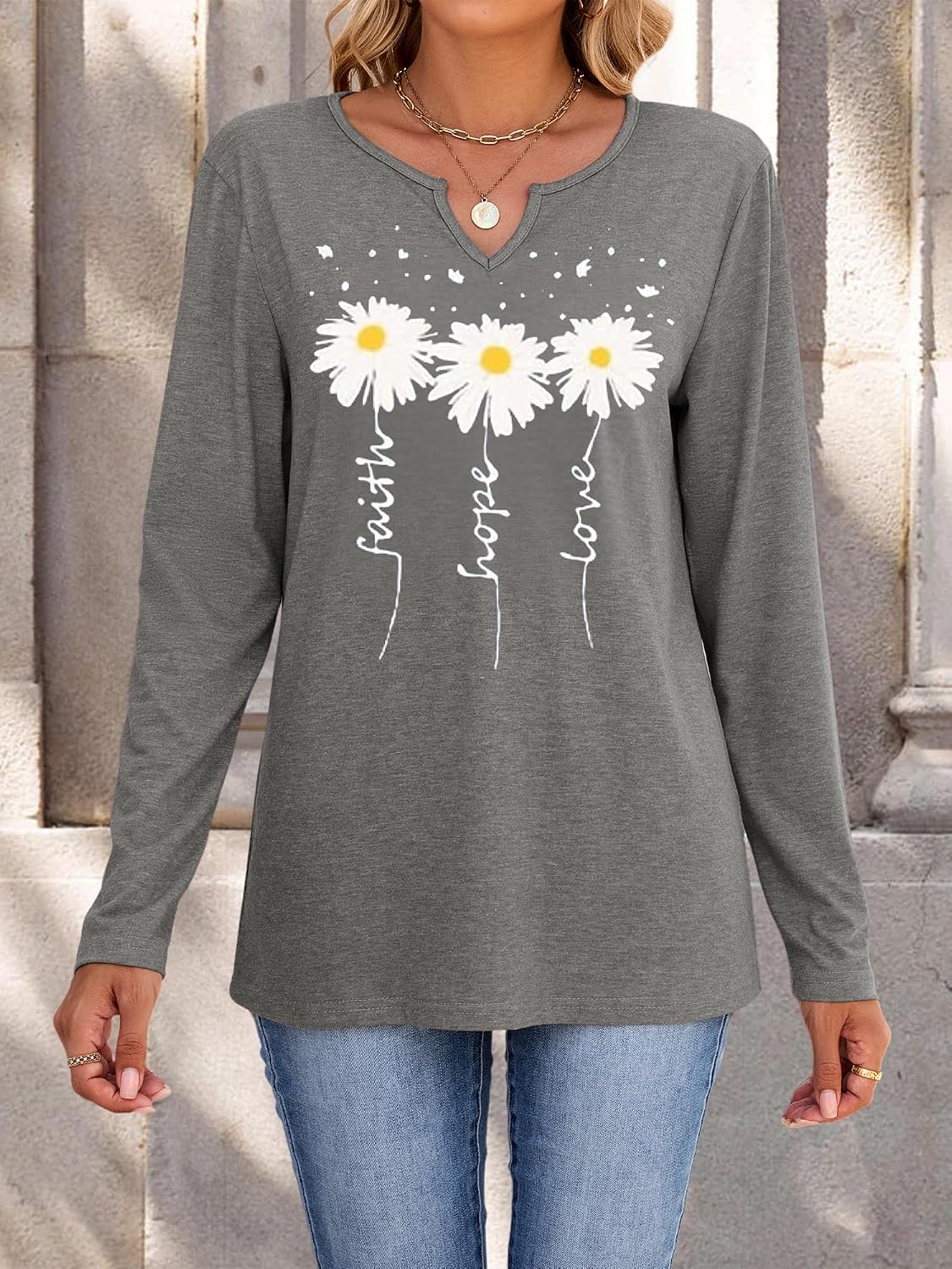 Womens V-Neck Long Sleeve T-Shirt Flower Graphic Tees Fall Fashion Boho Tops Tshirts Loose Casual Western Country T Shirts