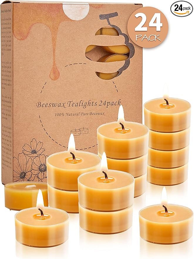 Beeswax Tealight Candles, Handmade Tea Light Candle 24 Pack Natural Unscented Beeswax Tealights - 4 Hours Burn Time - for Home Decor, Party Ambiance