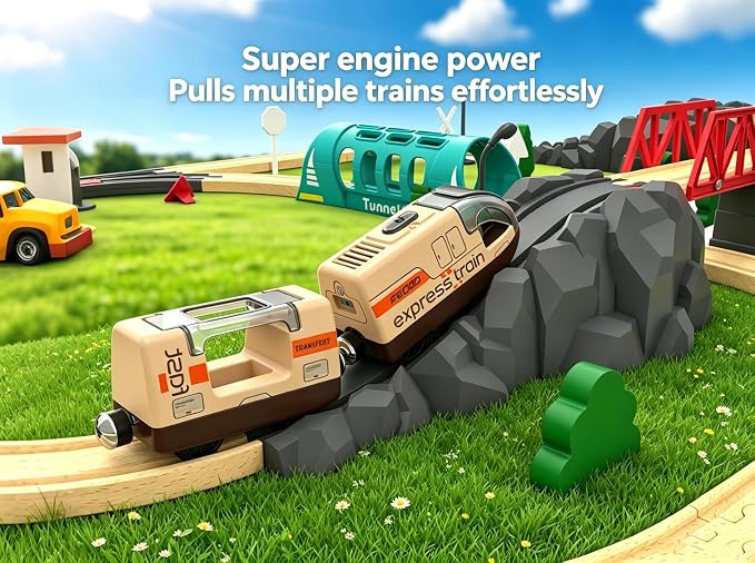 This motorized train set with remote control, tunnel, and realistic sound effects is compatible with popular wooden track brands like Thomas and Brio.