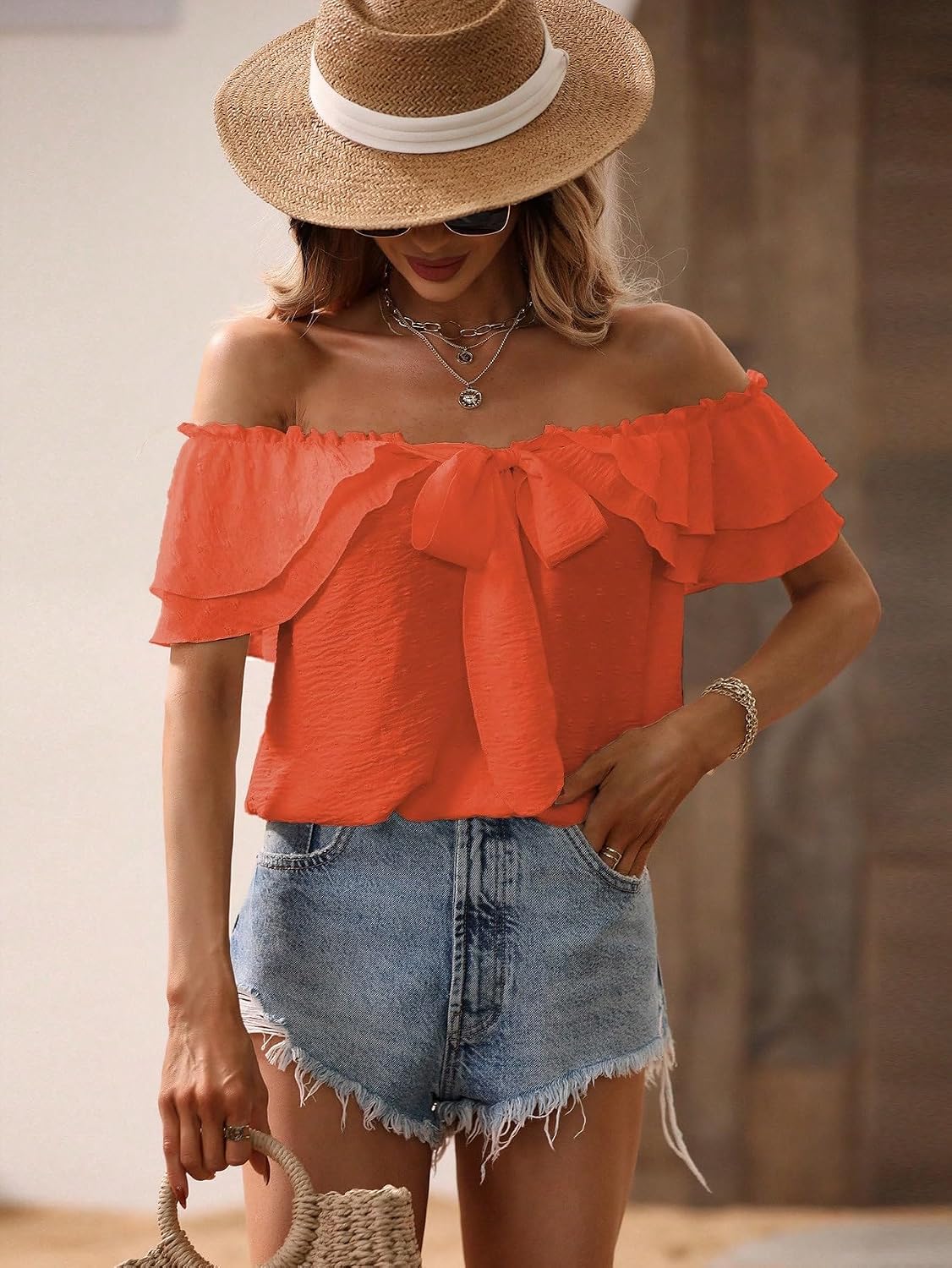 SweatyRocks Women's Off Shoulder Ruffle Trim Knot Front Blouse Tiered Layer Butterfly Short Sleeve Chiffon Tops Summer
