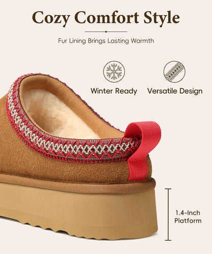 Genuine Suede Platform Slippers for Women Fuzzy Winter Warm Shoes Indoor Outdoor
