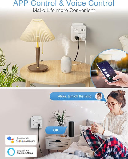 Smart Plug Outlet Extender Compatible with Alexa Google Home, TESSAN WiFi Multi Plug with 3 Smart Outlets 3 USB Ports, Wall Surge Protector Power Strip 900J for Indoor, Voice and Smartlife Control