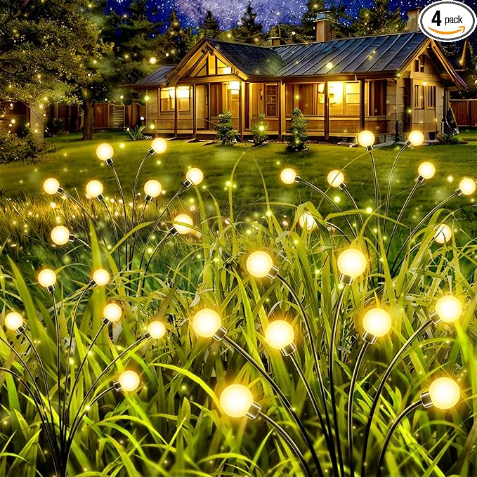 Solar Garden Lights Outdoor: 32 LED Warm White Swaying Firefly Light 4 Pack - Waterproof Landscape Lighting Decorations for Yard Patio - Gardening Gifts for Women Grandma