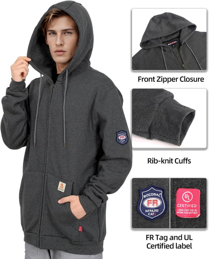 BOCOMAL FR Hoodies Zipper Front 10.5oz Cotton Fleece Flame Resistant Hooded Sweatshirts