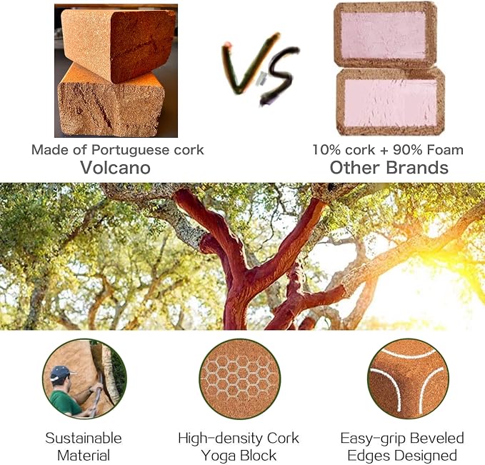 Cork Yoga Blocks 2 Pack Set -Natural Cork from Portugal, 9"x6"x4" Yoga Blocks Non-Slip&Anti-Tilt for Women| Men, Lightweight, Odor-Resistant| Moisture-Proof, Perfect Yoga Equipment
