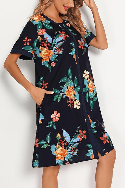 YOZLY House Dress for Women Short Sleeve House Coats Dusters Robe Moomoo nightgowns with Pockets