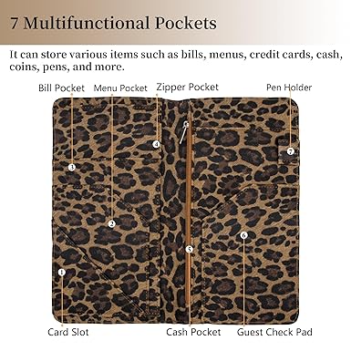 Server Book, Cutaswish Server Books for Waitress Cute, Waiter Receipt Book, PU Leather Waitress Book with Zipper Pocket, Waitress Accessories, Leopard