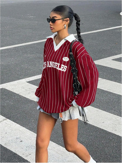 SOLY HUX Women's Oversized Tees Striped Letter Print Y2k Jersey T Shirt Collar V Neck Long Sleeve Loose Tops