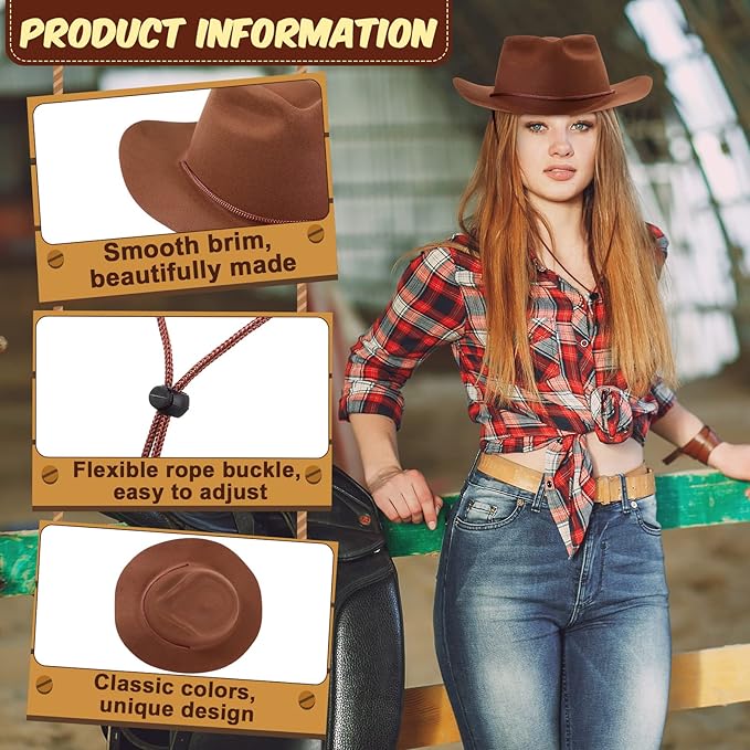 Mepase 24 Pieces Disposable Plastic Western Cowboy Hat Set Felt Wide Brimmed Cowgirl Party Hats for Men Women Adult Costume Party(Brown)
