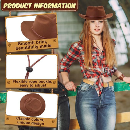 Mepase 24 Pieces Disposable Plastic Western Cowboy Hat Set Felt Wide Brimmed Cowgirl Party Hats for Men Women Adult Costume Party(Brown)