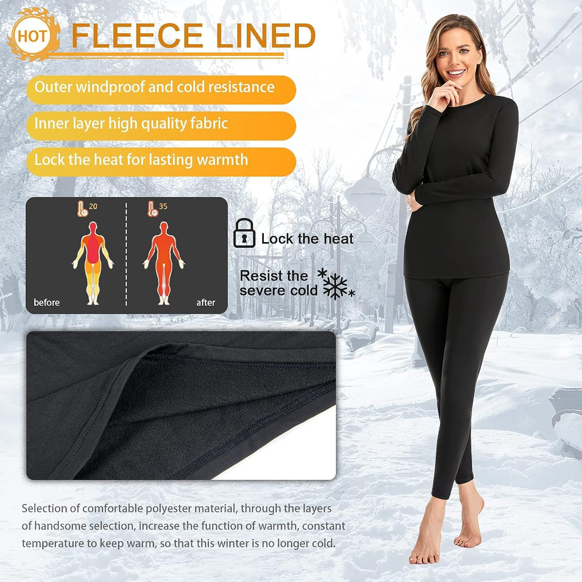 This fleece-lined thermal underwear set keeps you warm and comfortable, with moisture-wicking fabric and a soft, lightweight feel.