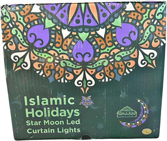 Islamic Holidays Moon Star Window Curtain Fairy LED Lights Decoration, Clear