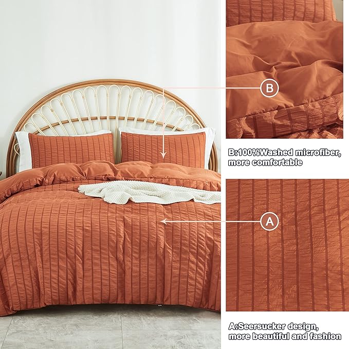 AveLom Terracotta Seersucker Duvet Cover Set King Size (104 x 90 inches), 3 Pieces (1 Duvet Cover  2 Pillow Cases), Ultra Soft Washed Microfiber, Textured Duvet Cover with Zipper Closure, Corner Ties