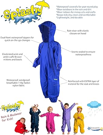 Splashy Waterproof One Piece Rainsuits and MudStopper Coveralls for Kids